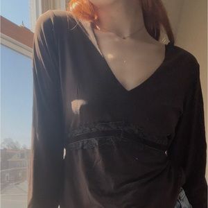 Motherhood Maternity Chockate Brown, V-Neck, Lace Trim Tie Waist, Flowy Top <3
